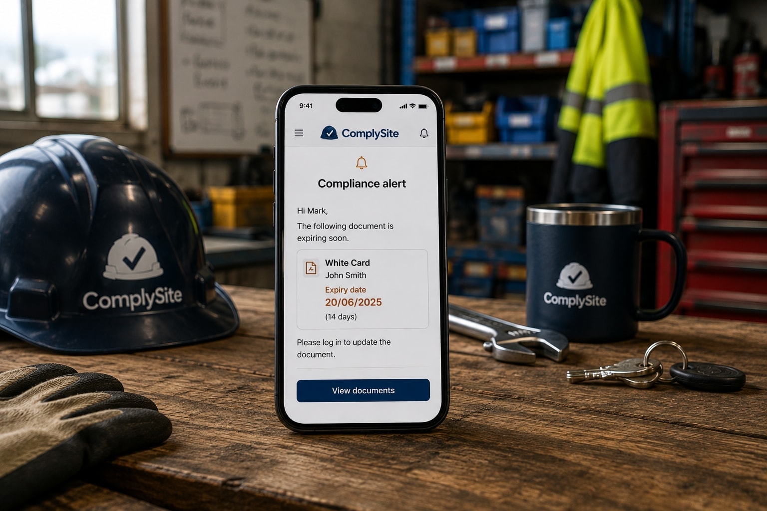A tradesperson checking a notification on their phone at a workbench