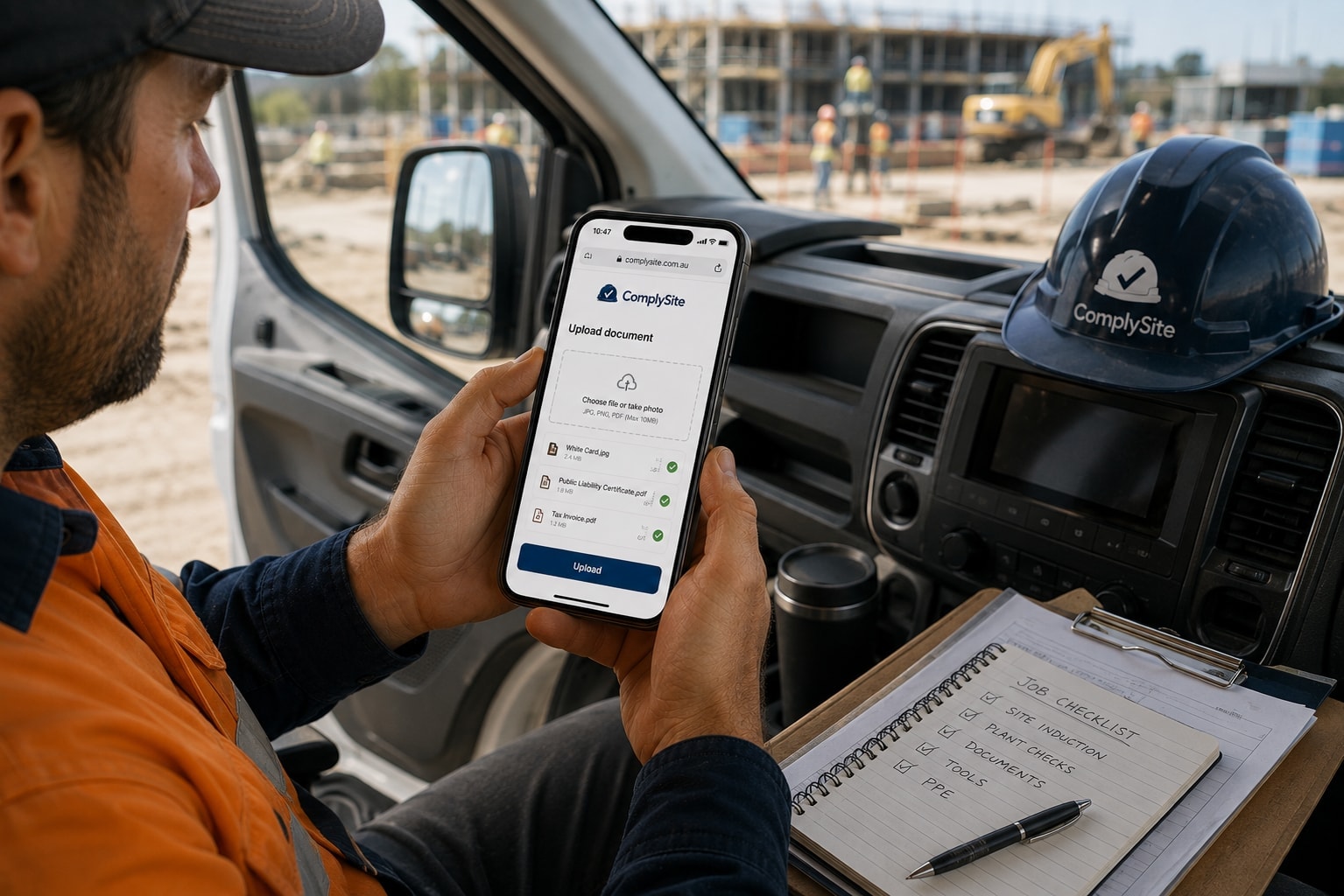 A tradesperson photographing a document on their phone on site